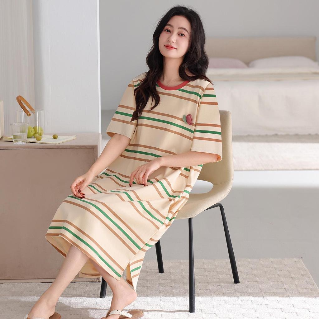 Camiciola da notte a righe a maniche corte di media lunghezza da donna, vestito estivo sottile taglie forti, indossabile anche come pigiama da esterno