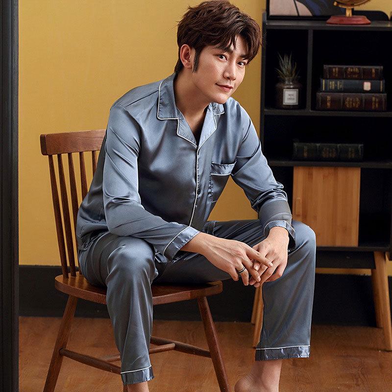Men's Ice Silk Long-Sleeve Pajama Set - Thin & Breathable, Plus Size, for Spring & Autumn