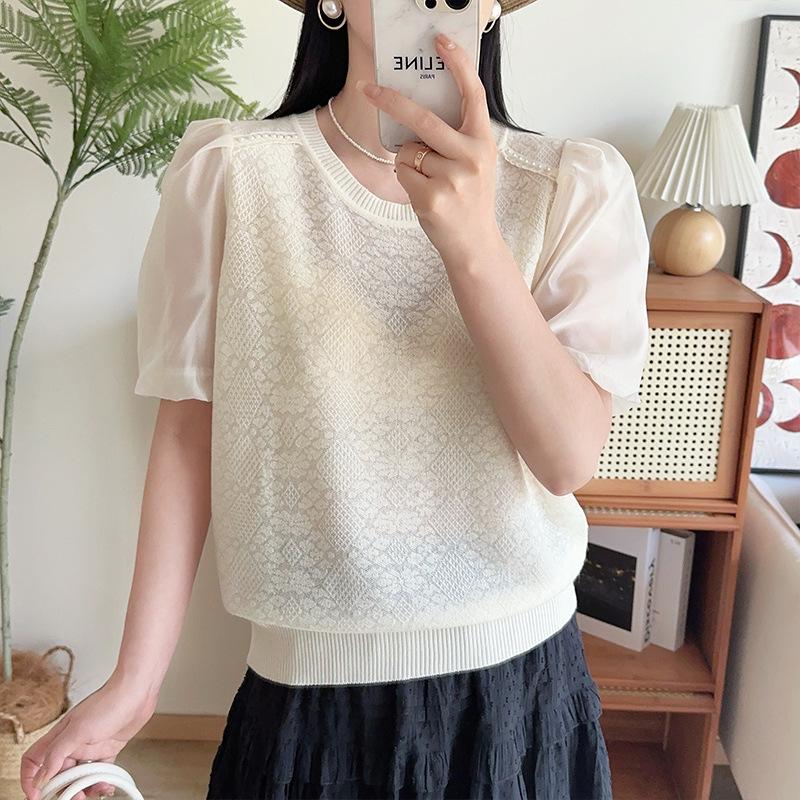 

Женский кружевной трикотажный топ с коротким рукавом: Стильная, Легкая Летняя Мода 2024 Small бежевый