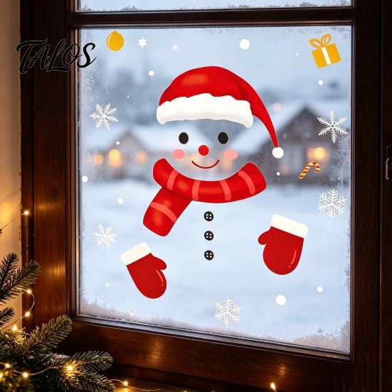 Self Adhesive Glass Stickers Christmas Static Window Clings, Smiling Snowman Decals with Snowflake Festive Home Decor Patterns, Waterproof PVC