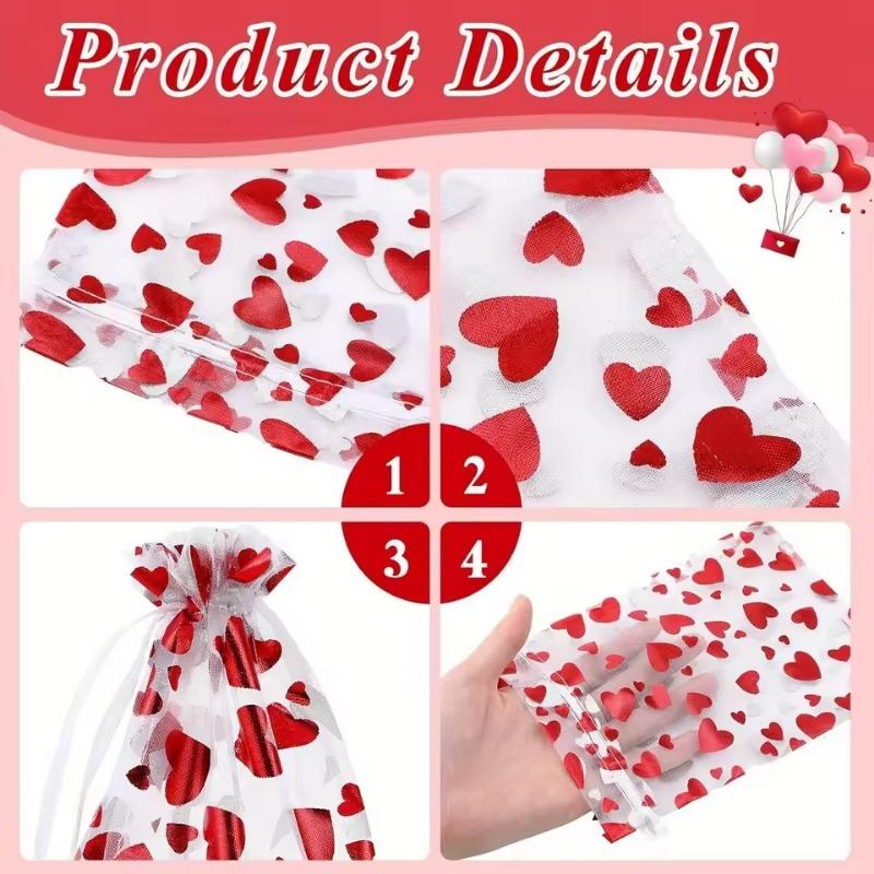 Valentines Day Organza Bags Heart Drawstring Organza Bag Candy Jewelry Valentine's Day Wedding Party Gift Packaging Bags
