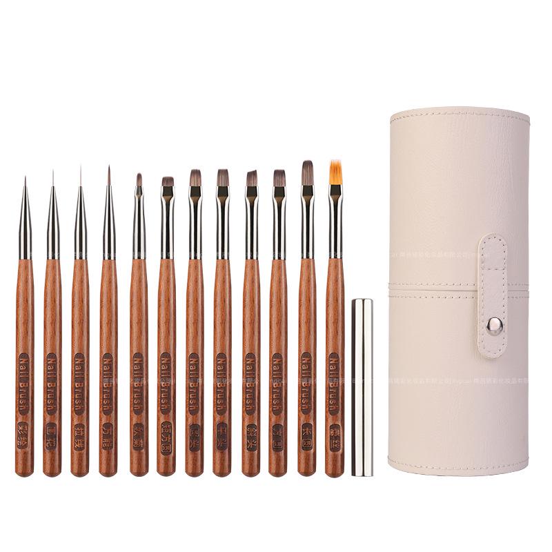 Sandalwood Nail Art Brush Set - Imitation Squirrel Hair with Pen Holder for Liner and Gel Painting