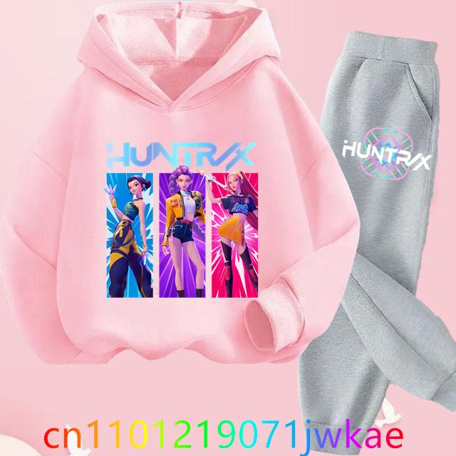 Teen KPop Demon Hunters Hoodies+Pants Sets Boys Girls Korean Anime Movie Hoody Fashion Long Sleeve Kids Hooded Sports Suits