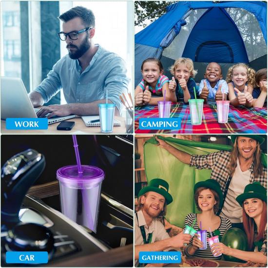 Nuogo 4 Pieces Insulated Double Wall Plastic Tumbler with Lids and Straws Reusable Transparent Plastic Cup 16 oz Tumbler Bulk for Coffee Drinks Milk