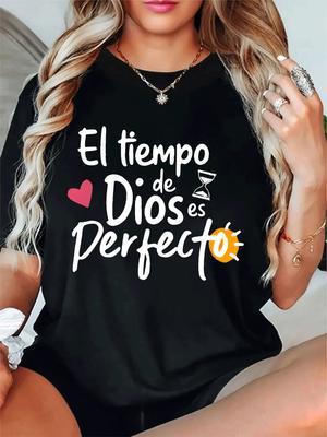 Printed Pattern Knitted Polyester Fiber and Spandex Blended Ladies Casual T-Shirt with Round Neck Optional Letter