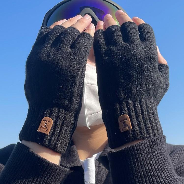 Alpaca Wool Half-Finger Gloves Winter Fleece-Lined Warmth Unisex Knitted Cold-Resistant Exposed-Finger Cycling Split-Finger Gloves
