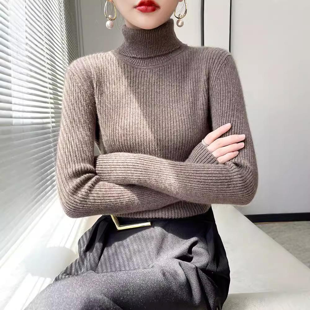 Women's Autumn Winter High Neck Pile Collar Ribbed Knit Slim-Fit Inner Base Layer Sweater