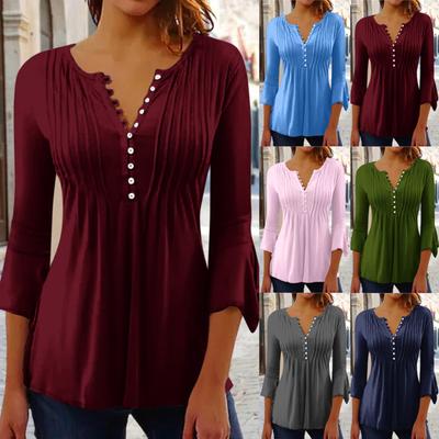(Spicy Chicken)3/4  Petal Sleeve Shirts For Women Tees Blouses Casual Basic Tops Pleat Button Pullover