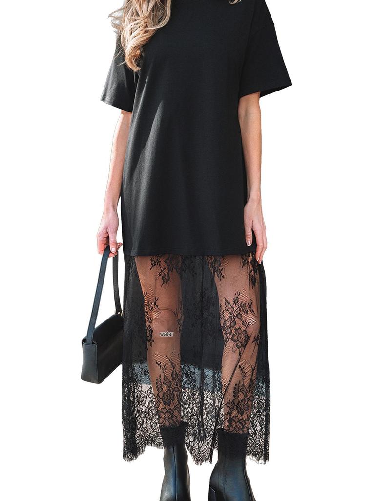 2025 Summer European & American Women's Lace Patchwork Short Sleeve Long Dress