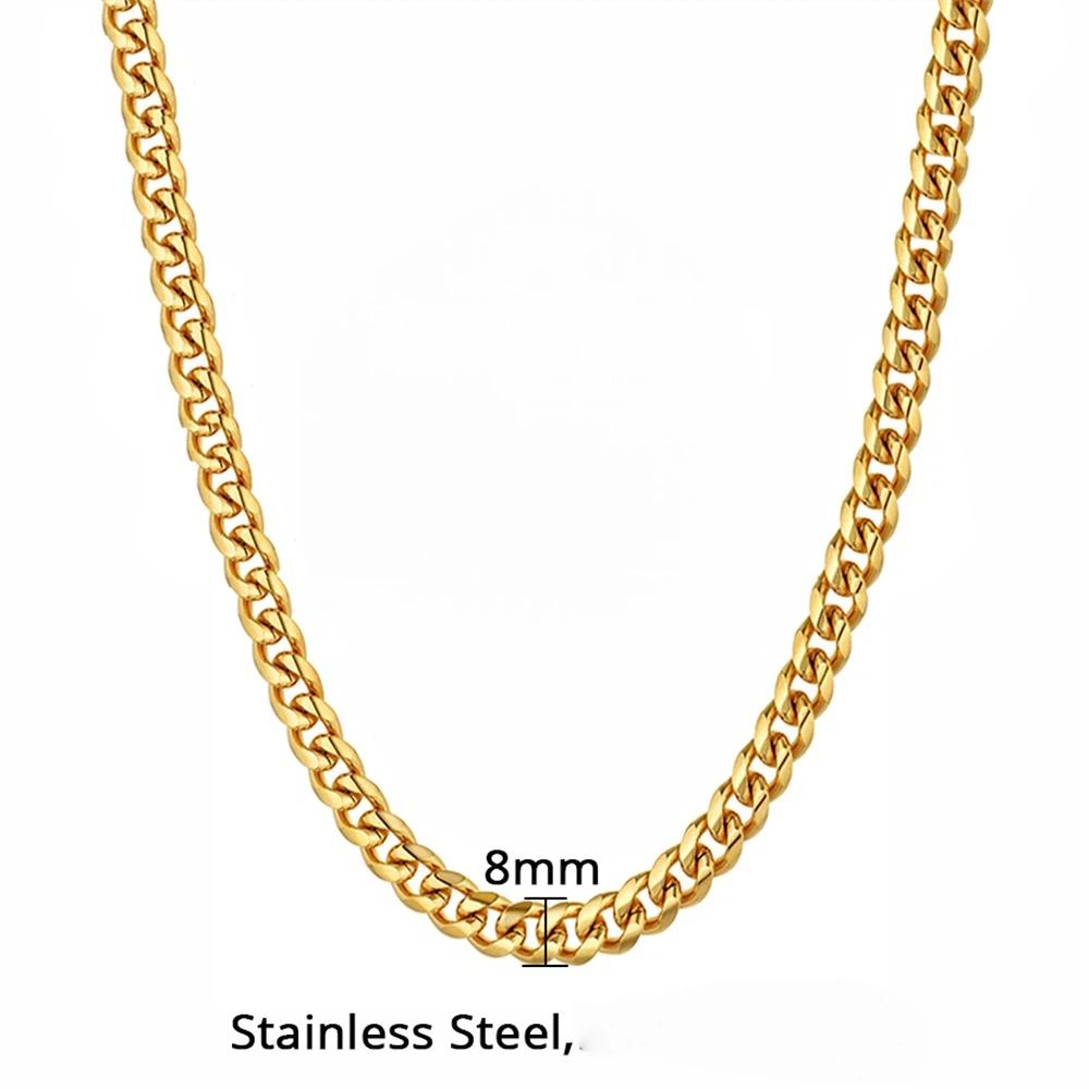 Long 316L Stainless Steel Chunky Miami Cuban Link Chain Gold Plated Hip Hop Necklace 8mm-10mm for Men Women