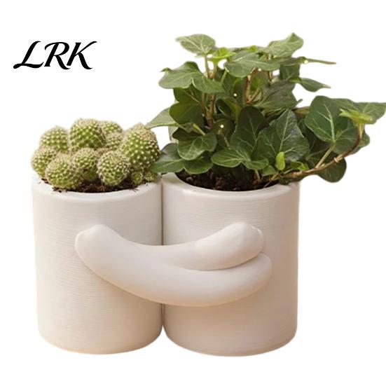 Vaso per Atmosfera Curativa Design Abbraccio Fioriera, Texture Bianca Opaca Stampata 3D Doppia Vasca Minimalista Fioriera per Piante, Stile Nordico Piccolo Verde