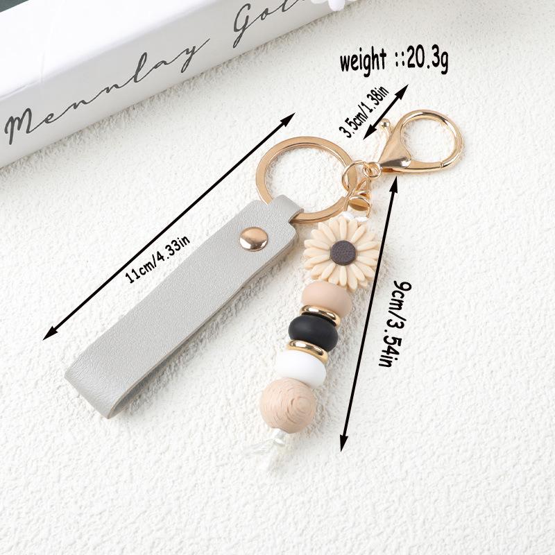 Boho Wood Bead Flower Keychain PU Leather Wrist Strap Metal Key Ring Trendy Bag Pendant for Girls