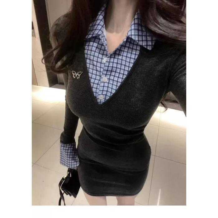 College style plaid splicing fake two-piece long-sleeved dress for women, waist and thin in autumn and winter, pure desire Spice Girl hip-wrapped