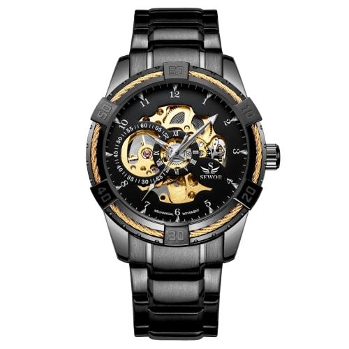 Men's Mechanical Watch, Black Skeleton Mechanical Fashion Business Automatic Punk Style with Stainless Steel Band
