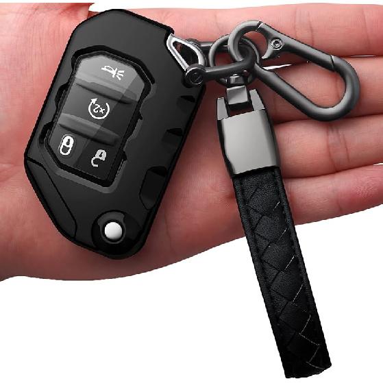 Autophone Compatible With Jeep Key Fob Cover With Leather Keychain Soft TPU Protection Key Case For 2018-2025 Wrangler JL JLU Rubicon Wagoneer