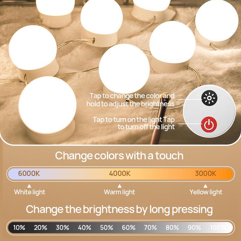 Hollywood Style LED Vanity Light with Touch-Controlled Three-Color Stepless Dimming