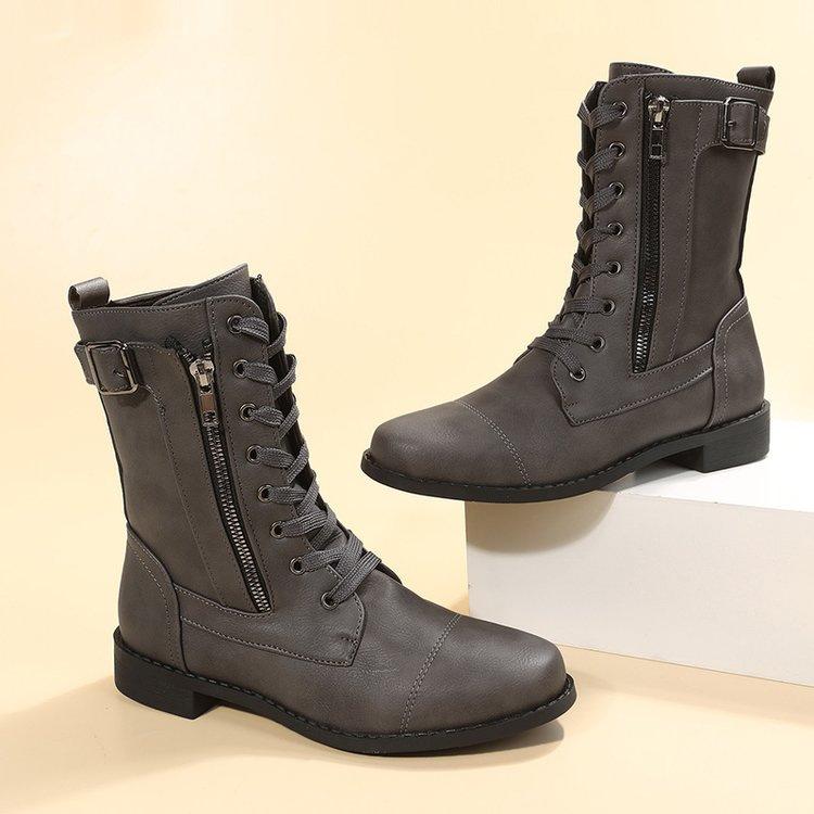 Europe, America 2025 New Round-head Martin Boots Women's Thick Heel Lace-up Solid Color Women's Low-tube Women's Martin Boots