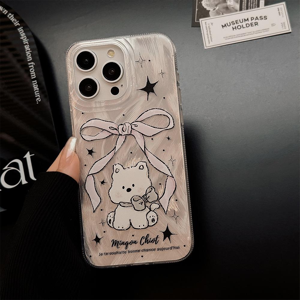 

Sweet Bow Dog Stand Apple 15promax Suitable for Iphone13 Mobile Phone Case 16 Feather Yarn 14 Hard 12pro max(6.7)