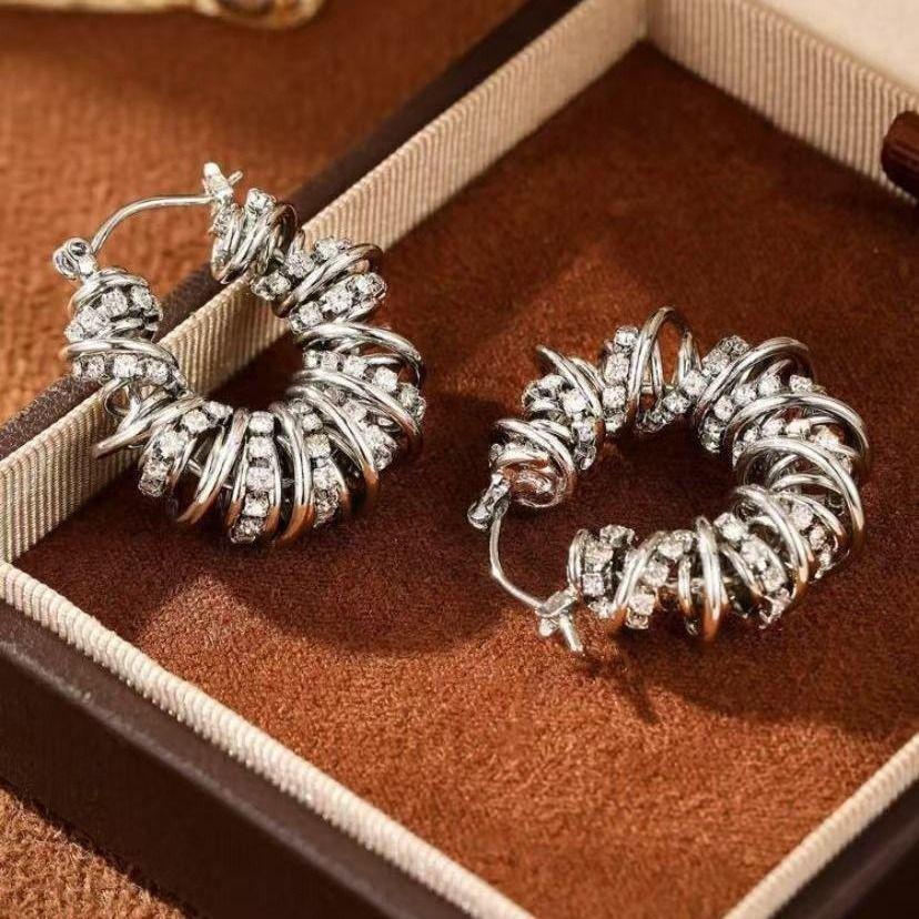 European and American Diamond Studded Spiral Wound Earrings with Spring Loops, Trendy Ear Buckles, Light Luxury and Cool Style E