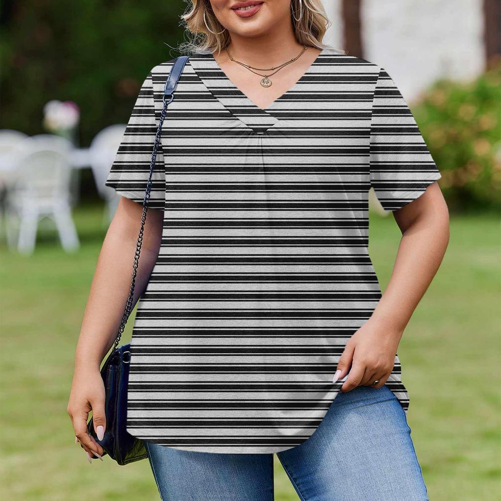 Women's Plus Size Fashionable Casual Loose-Fit Short Sleeve Elegant V Neck Blouse For Work