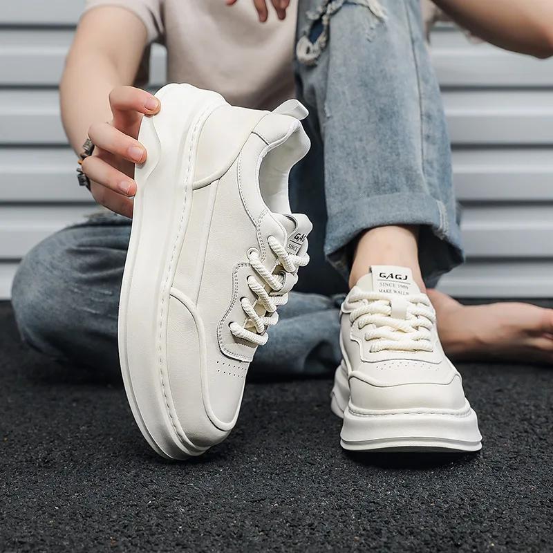 European New Shoes for Men Genuine Leather Casual Platform Shoes Fashion Flat Skateboard Shoes Lace-up Sneaker