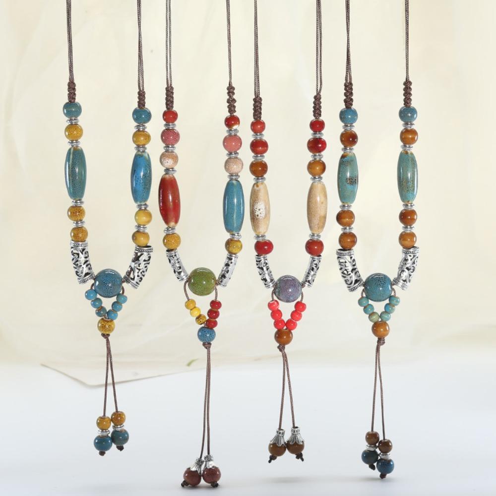 My Fine Jewelry Women's Dark Blue Bohemian Ceramic Bead Necklace With Adjustable Cord Vintage Alloy Accents Earthy Tones Handmade Ethnic For