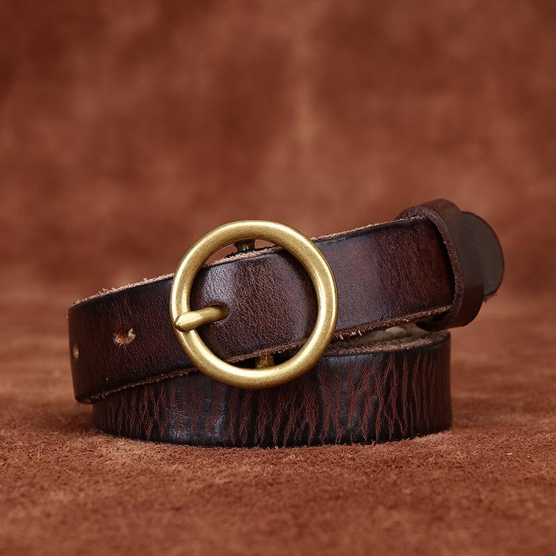 2.3Cm Wide Retro Washed First Layer Cowhide Round Buckle Belt Women'S Genuine Leather Casual Versatile Jeans Belt Women