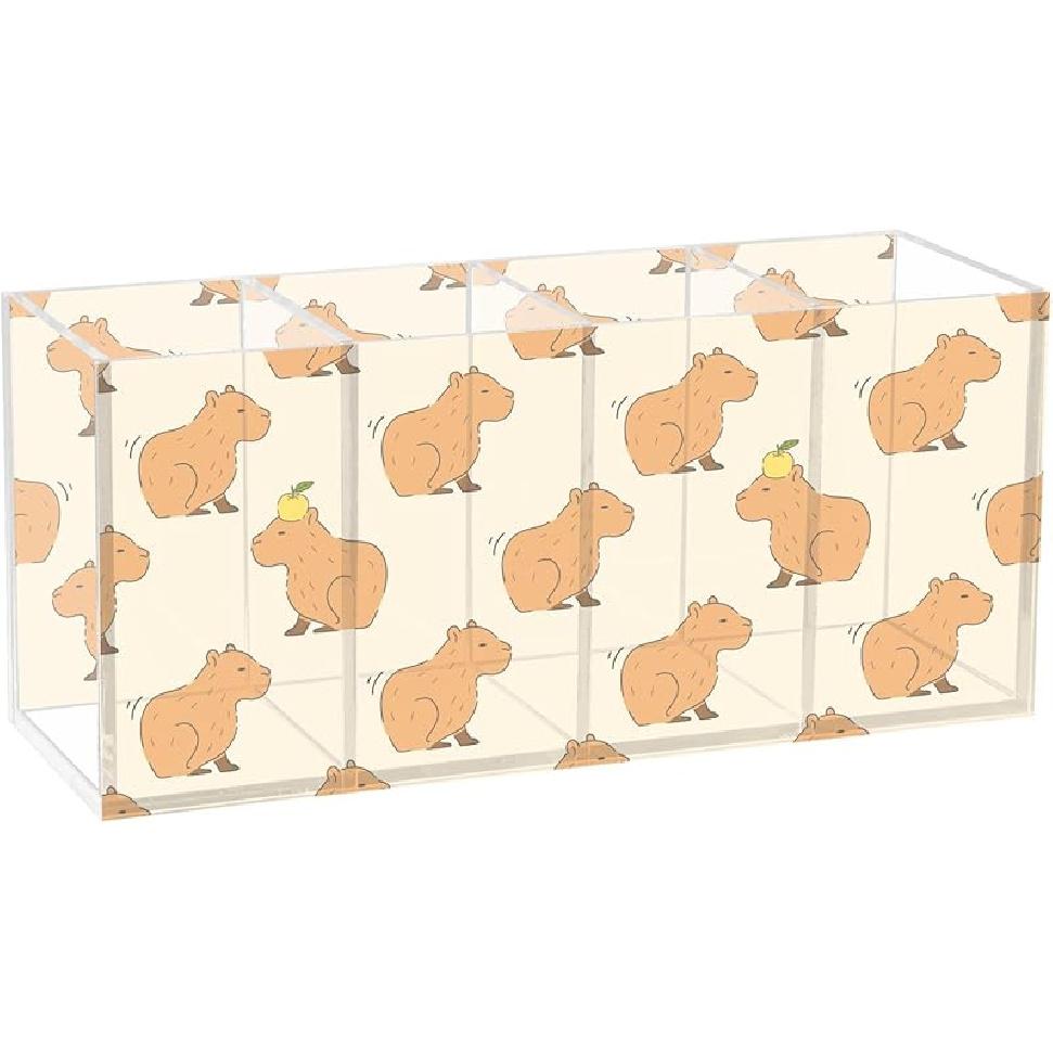 Colorful Neon Acrylic Printed Pen Holder 4 Compartments, Acrylic Plastic Pen Holder Cosmetic Brush Holder Desk Pen Holder Marker Organizer Square Cartoon Capybara