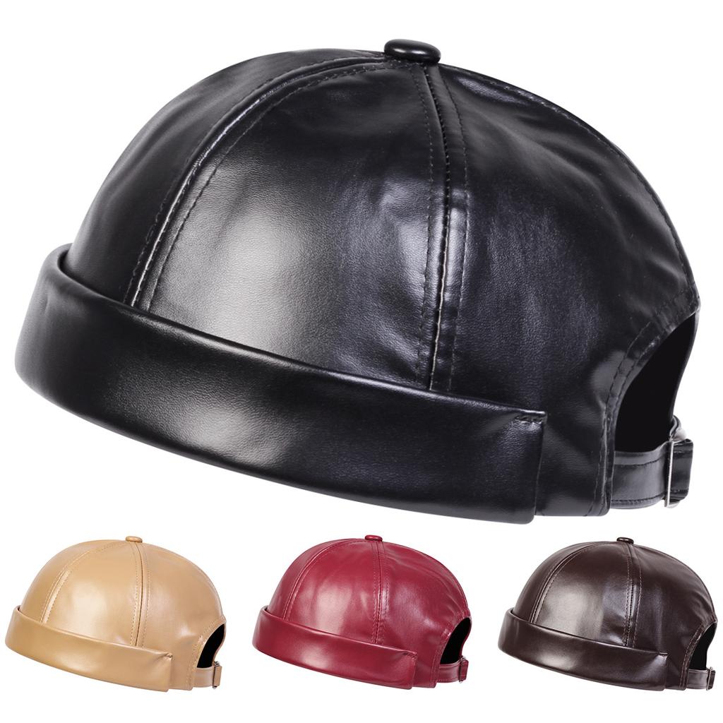 Spring and Summer Vintage Leather Landlord Hat with Adjustable Hip Hop and Brimless Melon Skin Hat Suitable for Men and Women