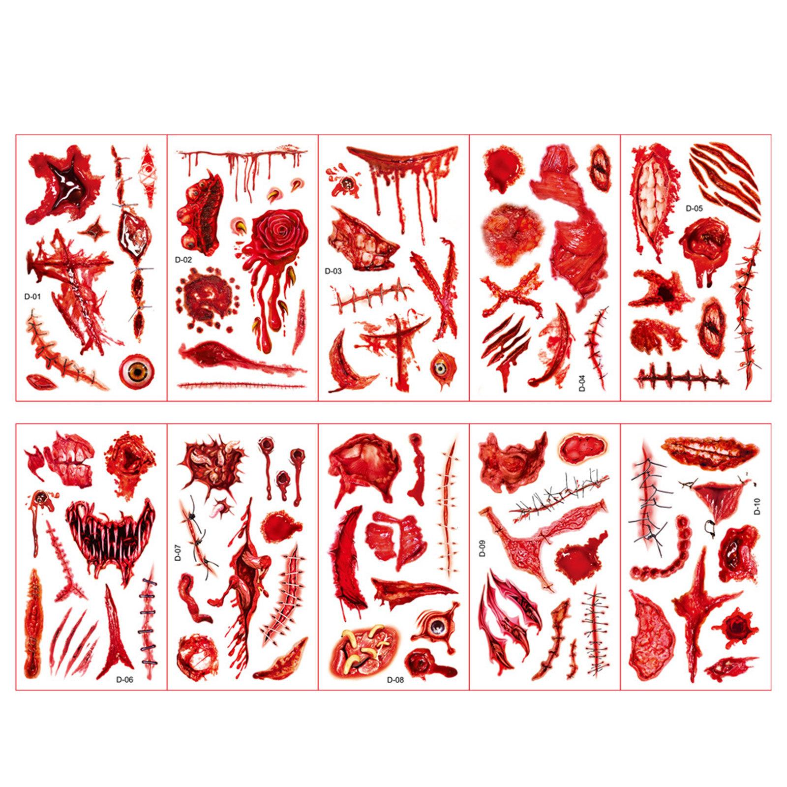 

Набір Хелловінських Підроблених Шрамів 10 Аркушів Реалістичні Криваві Рани Тату-наклейки для Макіяжу Костюма Зомбі та Страшних Вечірніх Розіграшів One Size