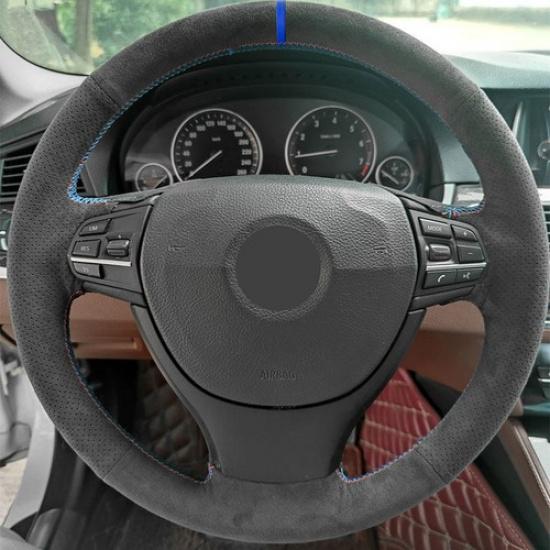 Black Suede Leather Steering Wheel Cover For BMW 5 Series F10 F07 2009-2017 F01