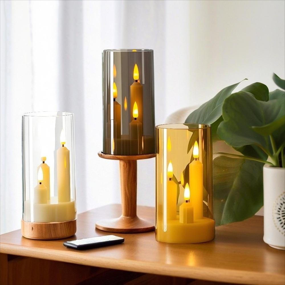 Flameless LED 3-in-1 Taper Candles Battery Operated Acrylic Pillar Flickering Electric Lights with Lampshade for Home & Holiday