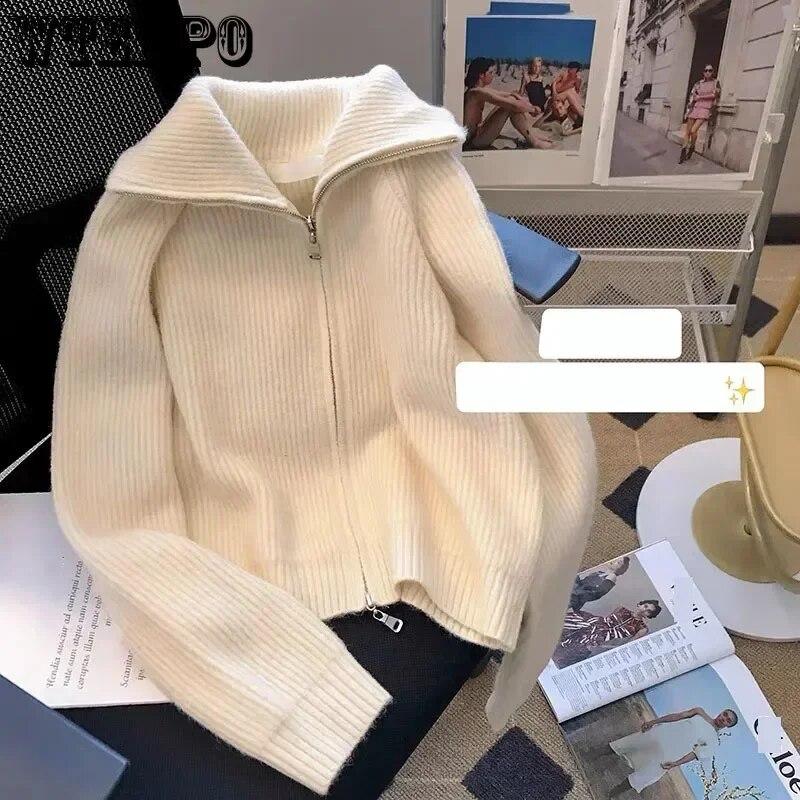 Dunkelgraue Strickjacke mit doppeltem Reißverschluss, kurzes Oberteil, Umlegekragen, Mantel für Damen, schlank, warm, lässig, solide, Pendeln, neue Mode, Frühling und Herbst