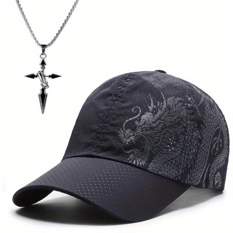 2pcs Men's Baseball Hat Necklace Set Fashion Dragon Print Quick Dry Mesh Sun Shade Sun Hat Cross Pendant Necklace