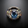 Gold Color Leaf Shaped Inlaid Blue Synthetic Zirconia Ring Suitable for Women's Banquets Engagements Jewelry Accessories Gifts