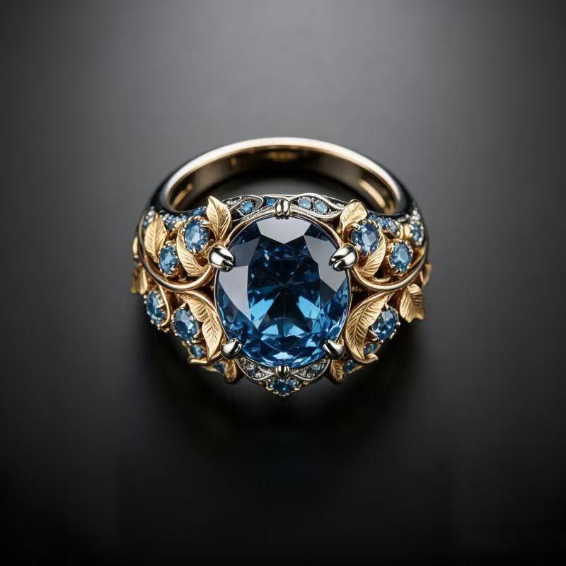 Gold Color Leaf Shaped Inlaid Blue Synthetic Zirconia Ring Suitable for Women's Banquets Engagements Jewelry Accessories Gifts