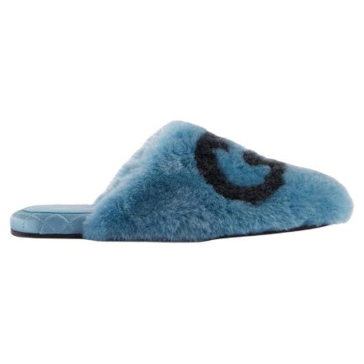 Gucci Interlocking G Faux Fur Slippers Blue Black Women's 719847 AAAUL 8439