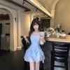 French Sweetheart Bow Strap A-line Dress - Women's Summer Multi-style Short Blue Skirt