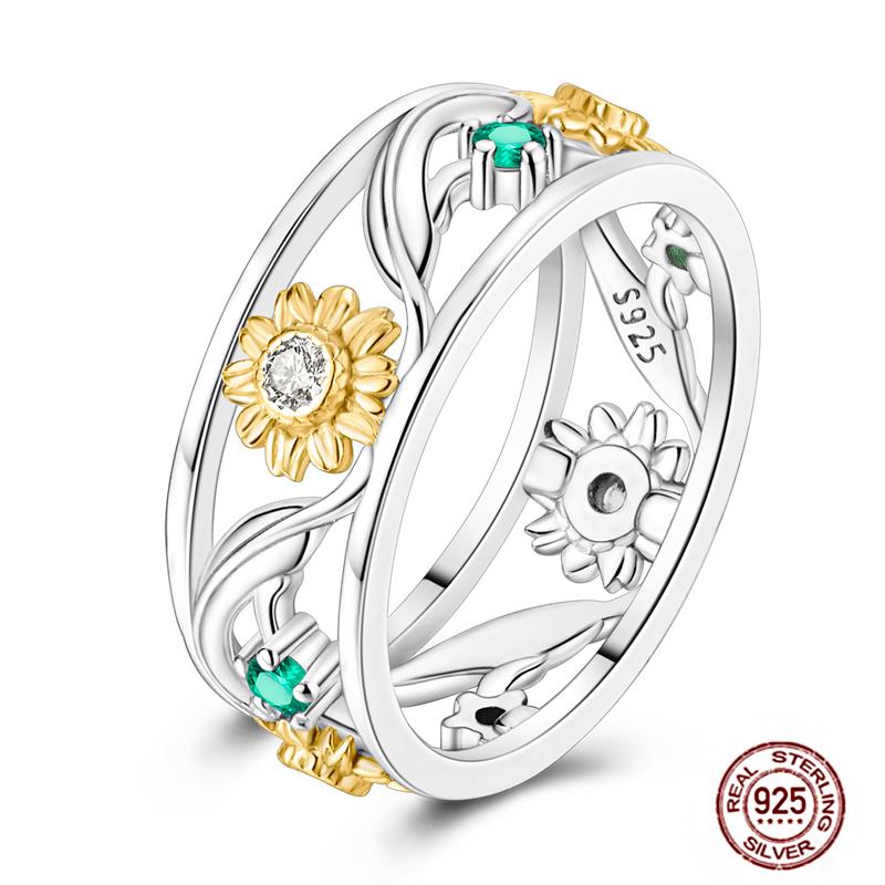 Shine Women koppar Fingerringar 925 Sterling Hjärta Krona Glöd Eldfluga Stjärna Sol Tusensköna Stapelbar Originalring Årsdag Zirkon