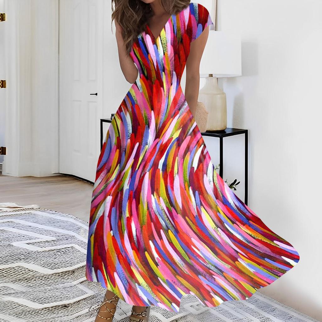 Women's Long Casual Dress Summer Short-Sleeve V-Neck Waist Retraction Printed Dress