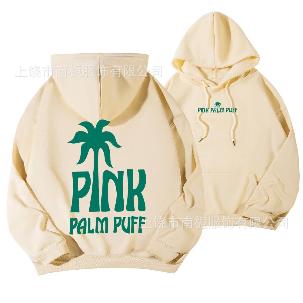 Women's Hooded Long Sleeve Drop Shoulder Pullover Sweatshirt Palm Tree "PINK PALM PUFF" Back Letter Print Casual Hoodie