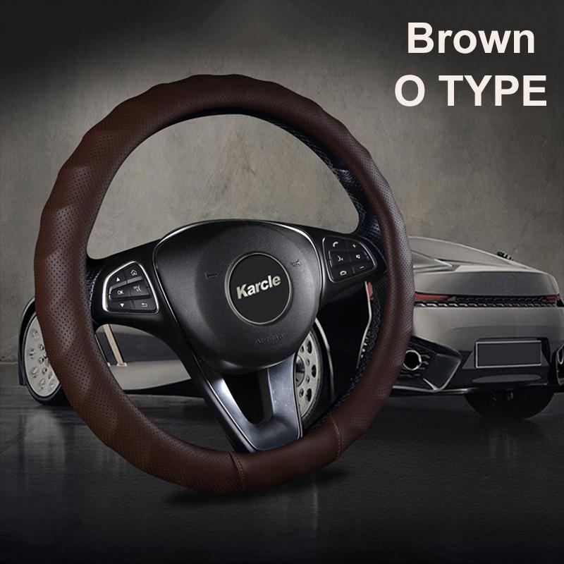Karcle 3D PU Leather Steering Wheel Cover 15 Inch O/D Type Great Grip Anti-Slip Design Four Seasons Auto Car Protection