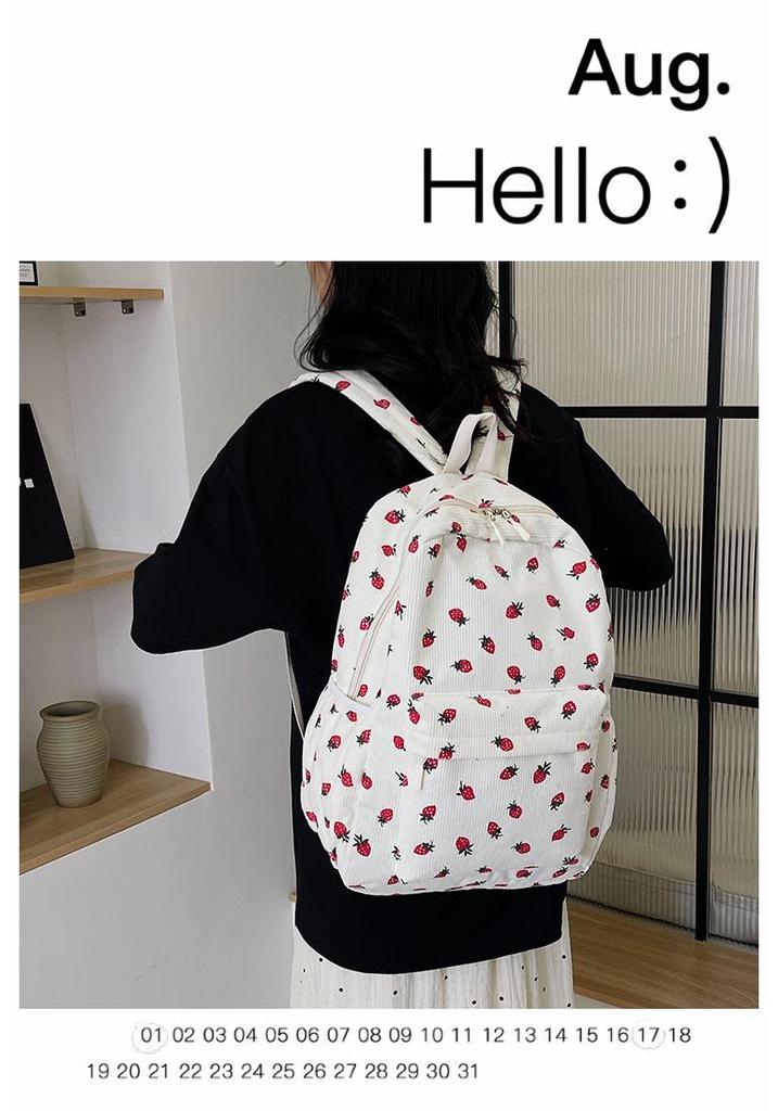 Stylish Corduroy Backpack for Girls – Cute Strawberry Design, Lightweight and Versatile for School or College