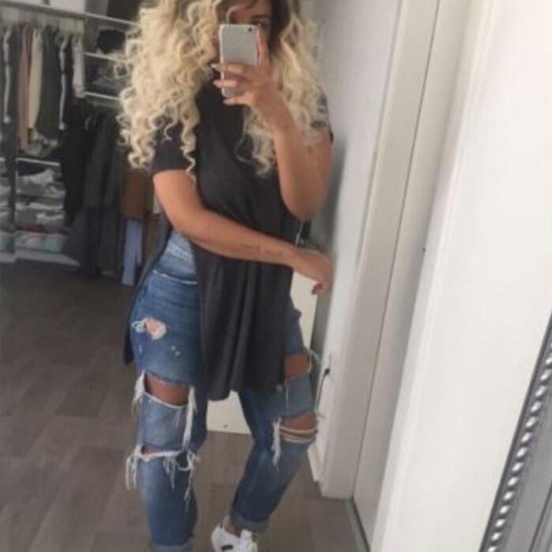 Women's Premium Quality Long T-shirt Round Neck Short Sleeve Split Tops Casual Dress