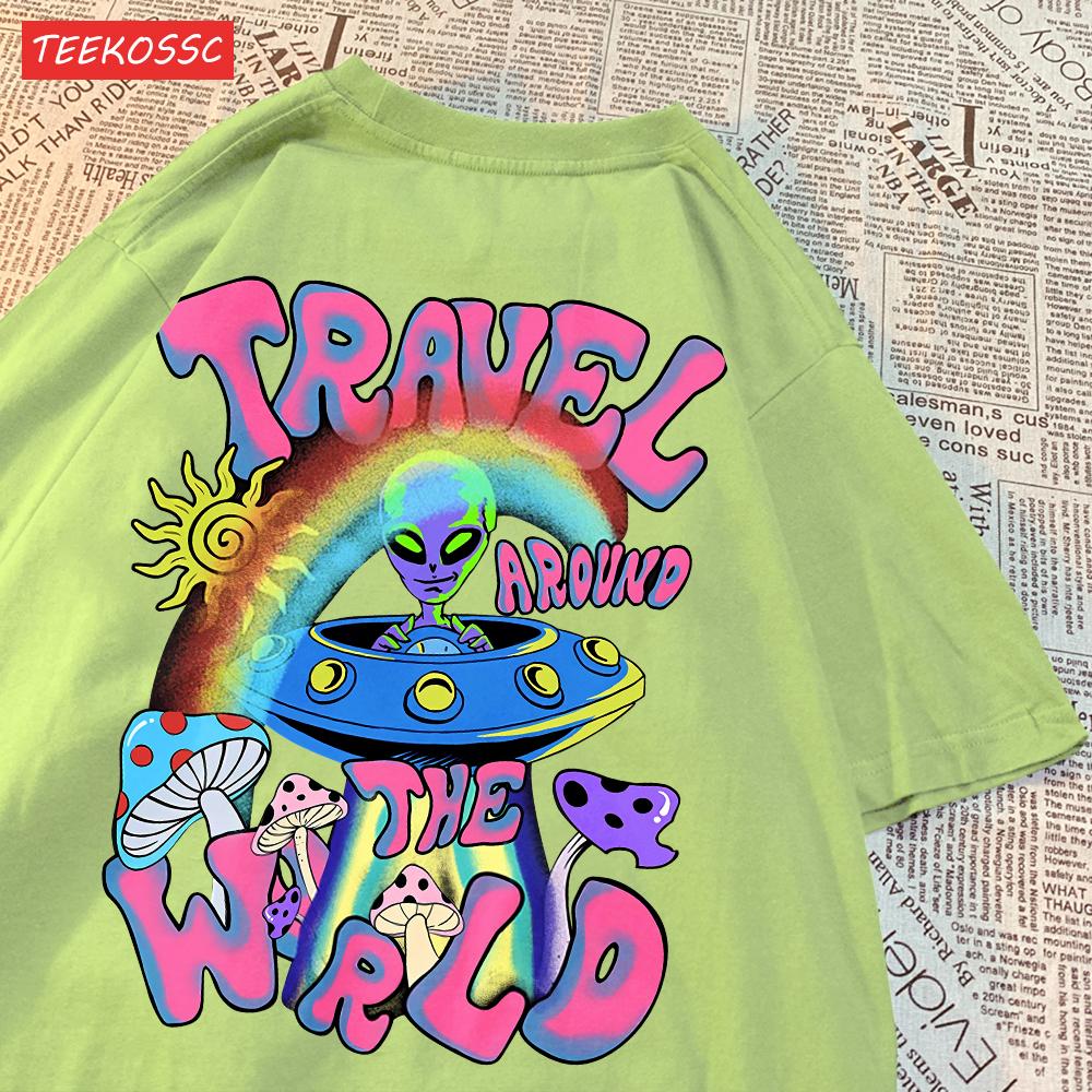 Mode Baumwolle Damen T-Shirts Alien UFO Weltreise Drucke Kurzarm Rundhalsausschnitt Weich Atmungsaktiv Street Damen Kleidung