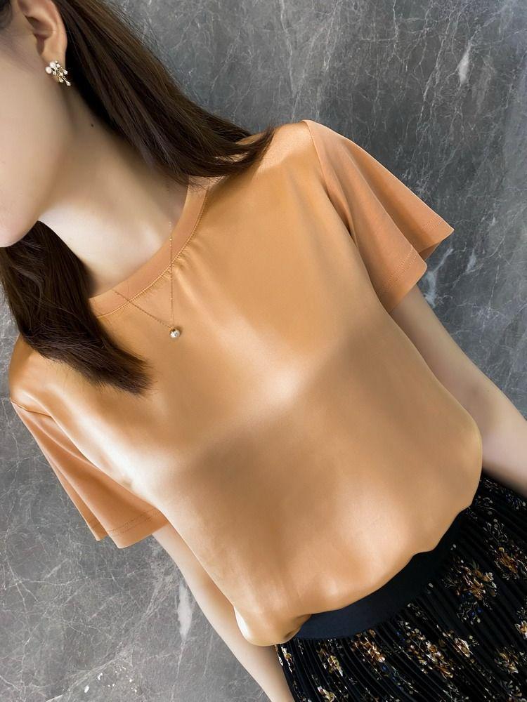 

Satin Women s Loose Fit Ice Silk Crew Neck T-Shirt - Solid Color, Plus Size, Short Sleeve, Summer 2025 XL Premium оранжевый