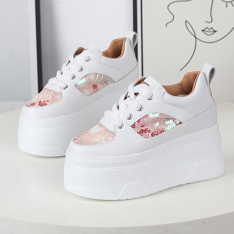 

Модные летние женские туфли на высокой платформе, блестящие, повседневные, 12 см, удобные танкетки, массивные кроссовки, дышащая сетка, спортивные туфли для папы, женские 34 розовый