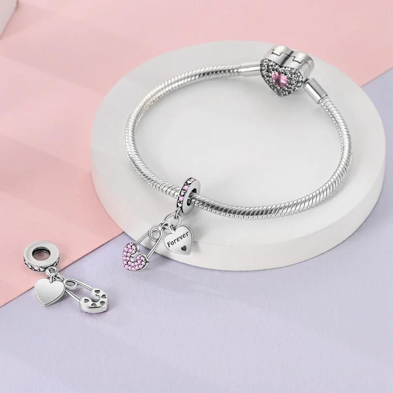 Charms Copperpink Heart-Shaped Paperclip Pendants Fit Charms Plataoriginal Bracelet Women Jewellery Making Gifts