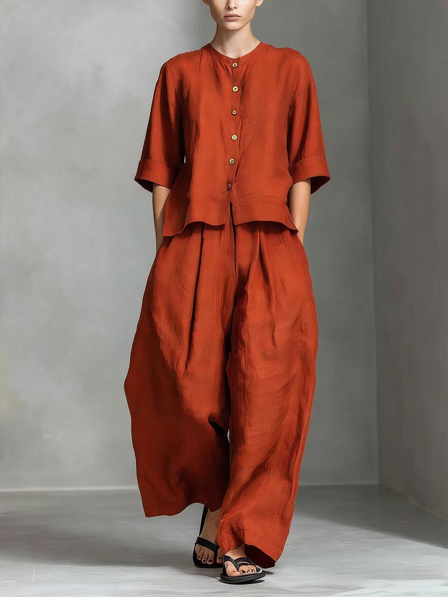 

Женский Весенне-Летний Новый Повседневный Однотонный Хлопково-Льняной Комплект из Рубашки и Свободных Брюк, Двухпредметный Наряд S красный