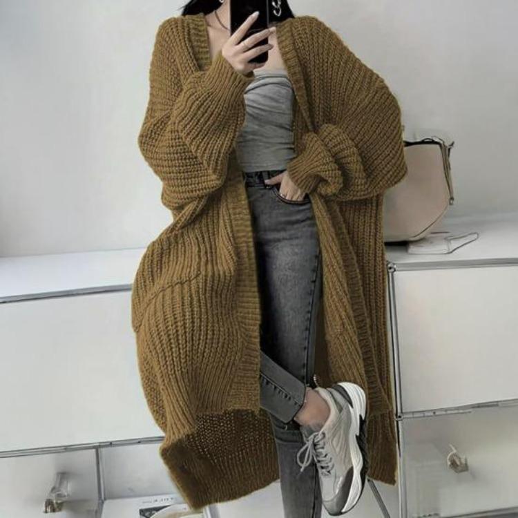 Fall Winter Outwear Women Long Cardigan Sweater Coat Open Front Mid Length Knitting Coat with Pockets